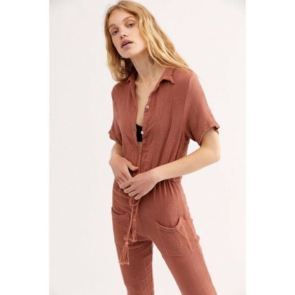 NEW JEN’S PIRATE BOOTY Sz S BASIL GAUZE CROPPED JUMPSUIT ONE PIECE JUMPER RUST - Picture 2 of 3